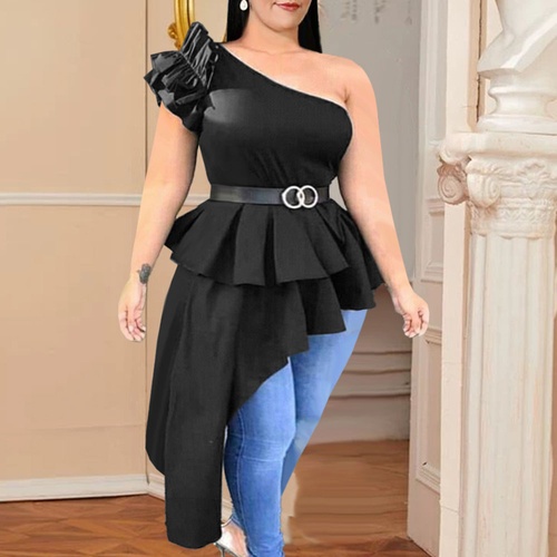 Plain Oblique Collar Asymmetric Long Womens Blouse