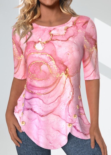 ROTITA Split Marble Print Pink Round Neck T Shirt